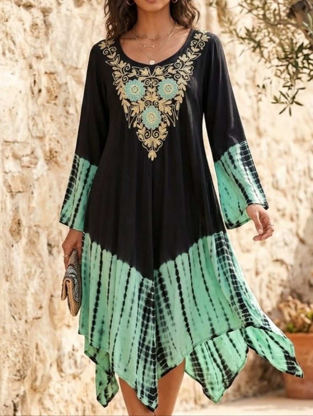 Fashion Terminal bohemian-style tie-dye embroidered Tunic Dress Free Size NWT